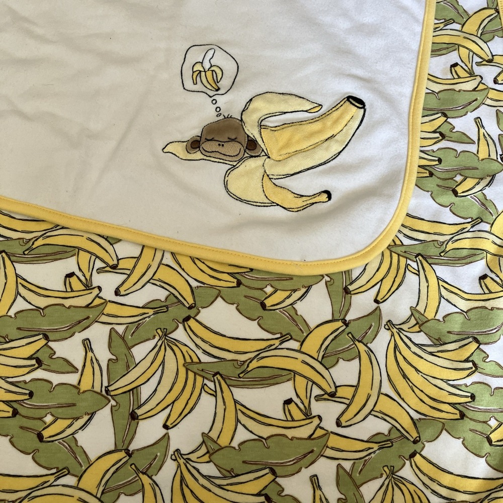 Gymboree Monkey Banana Print Green Yellow Cotton Double Sided  Blanket 2004